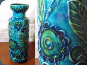 60's West German pottery Bay Keramik
                          turquoise floral pattern vase 72-25