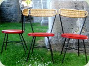 Swedish 50's chairs Holm Populär by Åhlén
                          & Holm, black lacquered metal with rattan
                          back and seat upholstered in red vinyl