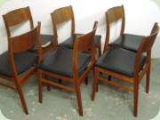 6 stolar i teak och ek med galonklädd
                          sits 60-tal