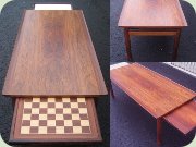 Rosewood coffee table
                          with reversible extension leaves, one with
                          chessboard. Danish design by Tove & Edvard
                          Kindt Larsen, made in Sweden by Seffle
                          Möbelfabrik