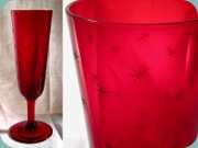 Monica Bratt champagne glass model B-6 in
                          red with cut star pattern, Reijmyre
