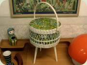 Three legged white
                          lacquered rattan sewing basket
