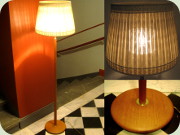 Swedish 60's teak or oak floor lamp with
                          large, textile shade and inner shade in glass