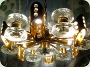 60's gilt metal
                          ceiling lamp with glass cylinders and prisms
